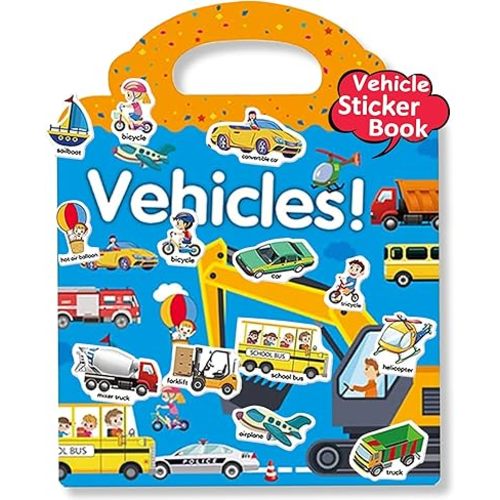 Reusable Sticker Books for Kids, Travel Removable Toddler Vehicle Sticker Books for 3 4 5 Year Old Girls Boys Birthday Gifts Educational Learning Toys for Age 3-5