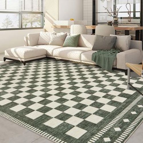 Green 5'x7' Washable Checkered Area Rug, Non Slip Low Pile Modern Geometric Rugs for Living Room Bedroom, Soft Indoor Foldable Carpet