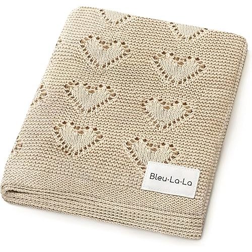 Bleu La La Heirloom Knit Heart Receiving Unisex Blanket for Boys and Girls - 100% Luxury Cotton Baby Blanket - Soft Warm Swaddle Receiving Blanket for Newborns Infants & Toddlers (Oatmeal)