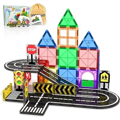 Magnetic Tiles - Road Set, Magnetic Building Blocks, Preschool Montessori Toys Gift for 3+ Year Old Boys and Girls, Sensory Travel Toys for Kids Aged 3-5 and 4-8, Ideas for Toddler with Autism 38pcs