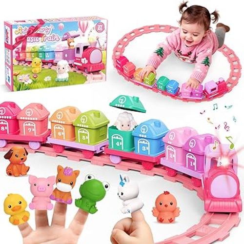 Train Set Toy Toddlers for 1-3 Learning Toy for Ages 1 2 3,Montessori Learning Matching & Sorting Toys,Christmas Birthday Gift Boys Girls (Pink)