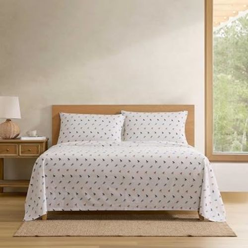 Eddie Bauer - Twin Size Sheet Set, Cotton Percale Bedding with Deep Pocket Fitted Sheet, Bed Sheets with Matching Pillowcase, Buddy Scarves and Stripes Beige