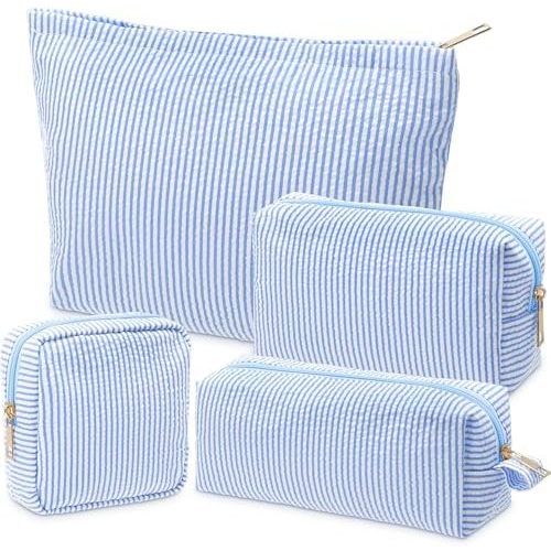 4 Pcs Seersucker Pouch Striped Bag Set, Acid Blue