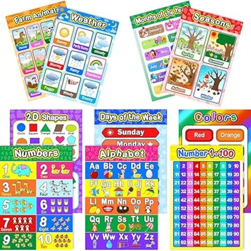 Blulu Educational Preschool Poster with Glue Point Dot for Nursery Homeschool Classroom Teach Numbers Alphabet Colors Days and More 16 x 11 Inch (12 Pieces, English Style)(Style B,10 Pieces)