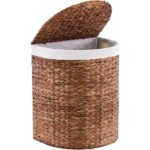 Half Round Laundry Hamper with Lid and 2 Removable Bags, Handwoven Natural Water Hyacinth Laundry Basket for Bathroom or Bedroom, Espresso