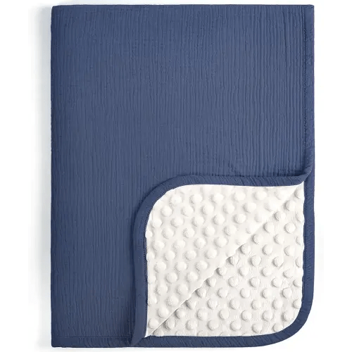 lulumoon Baby Blankets for Boys Newborn: Reversible Muslin & Minky Dotted Backing - Thermal Receiving Blanket for Stroller & Registry Gift 30"x40"(Blue)