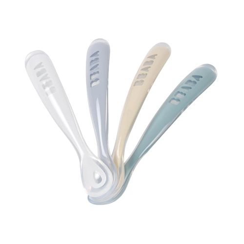BEABA First Stage Baby Feeding Spoon Set, The Original Soft Tip Silicone Spoons for Babies, Gum Friendly BPA Lead Phthalate and Plastic Free, Great Gift Set (4 Pack), Pebble