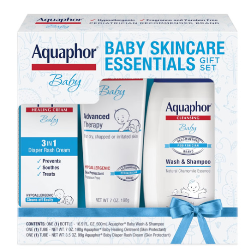 Aquaphor Baby Skin Care Essentials Gift Set with Baby Wash and Shampoo (16.9 Fl Oz) + Healing Ointment for Chapped Skin and Drool Rash (7Oz) + Diaper Rash Cream (3.5Oz), Hypoallergenic