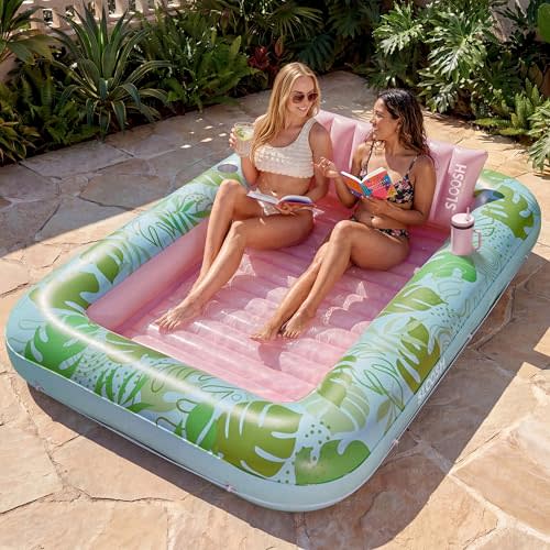 SLOOSH Inflatable Tanning Pool Lounger Float, 85" x 57" Extra Large Pool Floats Adult with Pillow, 4 in 1 Suntan Tub Raft Floatie,Sunbathing Bed Lounge for Water Blow Up Ball Pit, XL-Cyan Pink