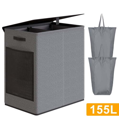 BGTREND Double Laundry Hamper, 155L Divided Organizer, Removable Liner Bags, Dark Gray