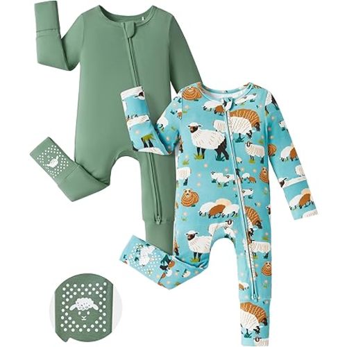 PATPAT Baby Footie Romper, Viscose from Bamboo, Long Sleeve, 2-Way Zipper, Fold-Over Mittens, Cuffs & Anti-Slip Grips