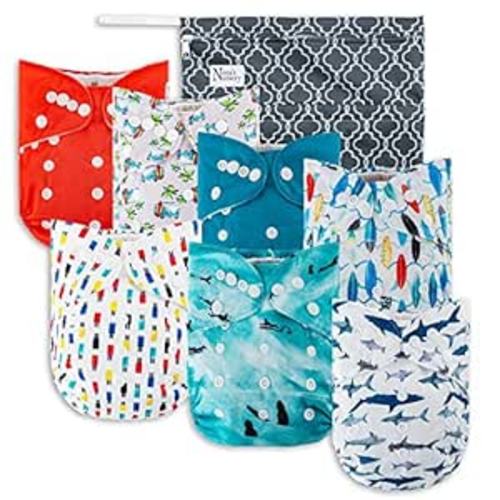 Amazon.com : Nora's Nursery Cloth Diapers 7 Pack with 7 Bamboo Inserts & 1 Wet Bag - Waterproof Cover, Washable, Reusable & One Size Adjustable Pocket Diapers for Newborns and Toddlers - Surfs Up : Baby