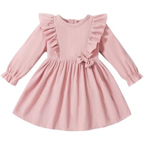 Toddler Baby Girls Dress Long Sleeve Ruffle Dress for Baby Girls Casual Solid Corduroy Little Kids Winter Clothes