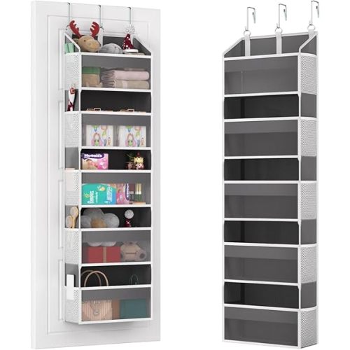 Over the Door Organizer with 5 Front & 10 Mesh Side Pockets, 50LB Capacity Extra Large Hanging Storage Organizer Multi-Room Space-Saving Design with 3 Sturdy Hook for Closet, Bathroom, Kitchen, Pantry
