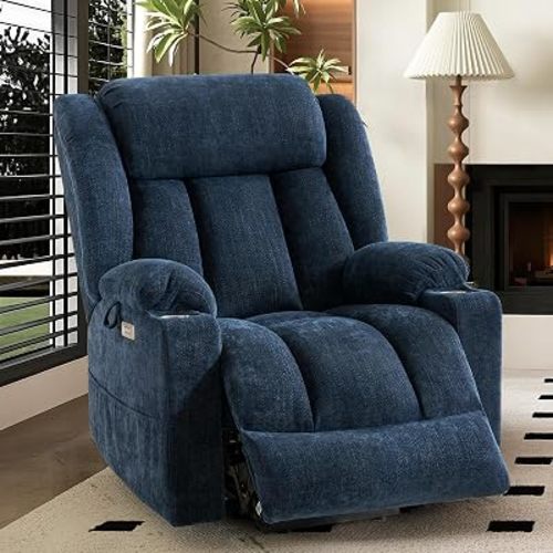HUSFU Oversized Power Lift Recliner Chairs for Elderly with Massage and Heat, Wide Recliners Chair,Upgraded Chenille Lift Chairs w/Cup Holders, USB & Type-C Ports,Blue