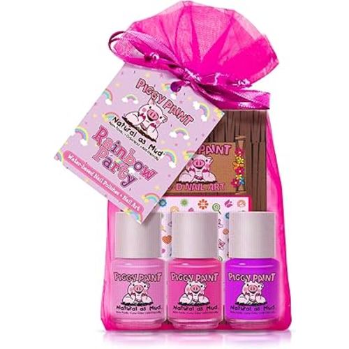 Piggy Paint | 100% Non-Toxic Girls Nail Polish | Safe, Cruelty-free, Vegan, & Low Odor for Kids | Rainbow Party (3 Polish + Nail Art Gift Set)