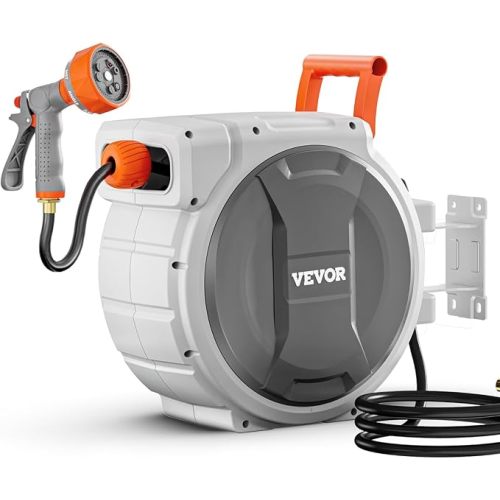 VEVOR Retractable Garden Hose Reel, 5/8 Inch x 100 ft Wall Mounted Hose Reel, Heavy Duty Garden Hose Reel with 9 Patterns Nozzle, Any Length Lock, Upgraded Slow Return System and 180°Swivel Bracket