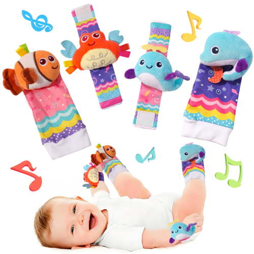 Baby Wrist Rattle Socks and Foot Finder Set, Perfect Baby Toys for 0-12 Months Newborn Infant Boys and Girls Shower Gifts