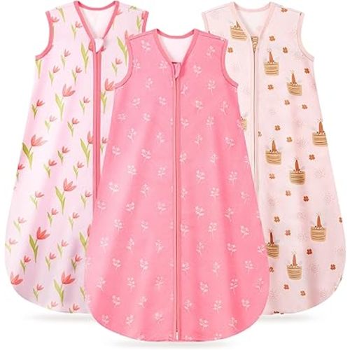 3 Pack Baby Sleep Sack 0-6 Months 100% Organic Cotton, 0.5 TOG Lightweight Wearable Blanket, 2-Way Zipper Sleeping Bag, Pink