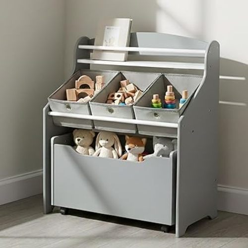 Humble Crew 3-in-1 Kids Bookshelf and Toy Storage Organizer, Grey - Toddler Organizers with Rolling Toy Box and 3 Fabric Bins – Sturdy Baby Book Shelf, Perfect for Nursery and Playroom