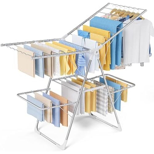 Sakugi Clothes Drying Rack, Foldable 2-Level Laundry Drying Rack with Height-Adjustable Wings, for Clothing & Bedding, Free-Standing Space-Saving Rack, Indoor & Outdoor, 55.5"L × 22.8"W, Silver White
