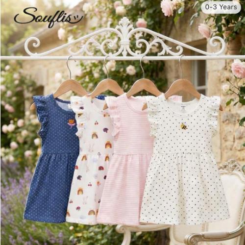 Souflis Souflis 4pcs/Set Infant & Toddler Girls' Cute Floral Print Cap Sleeve Ruffle Dress, Summer | SHEIN USA