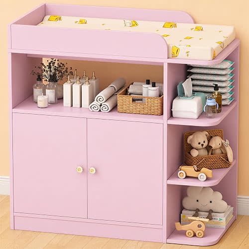 Changing Table Dresser with Large Cabinet for Nursery, Wood, Pink