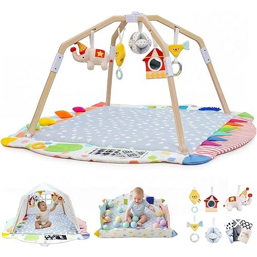 Kizfarm Baby Play Gym Mat, 5 Developmental Zones Wooden Tummy Time Mat, Baby Activity Mat with 5 Detachable Sensory Toys, Stage-Based Development from Newborn Infant, Baby Essentials Shower Gift
