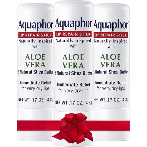 Aquaphor Naturally Inspired Lip Repair Stick with Aloe Vera and Natural Shea Butter, Hydrating Lip Balm Immediately Relieves Dryness and Soothes Chapped Lips, 0.17 Oz Stick, Pack of 3