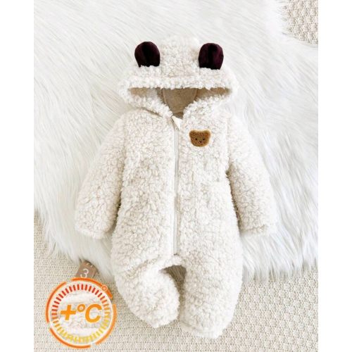 Cozy Pixies Pelele con capucha con orejas de oso de patrón 3D de manga larga gruesa para bebé recién nacido niño, conjunto de ropa de bebé oso de peluche, chaqueta de bebé para invierno, pelele de bebé, chaqueta de bebé oso para otoño | SHEIN USA