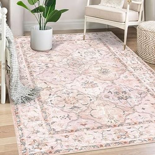 Boho Vintage Area Rugs 5×7 Washable Non-Slip Traditional Pink Carpet for Nursery Living Room Bedroom Dining Room Girls' Room