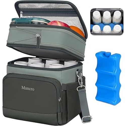 Mancro Breastmilk Cooler Bag with Ice Pack, Expandable Double Layer Breast Pump Bag Fits 6 Bottles Up to 9 Ounce, Baby Bottle Bags for Nursing Moms, Insulation Breast Milk Cooler Travel, Dark Grey