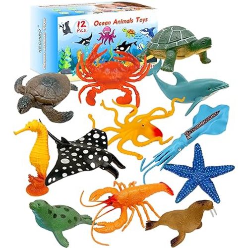 Ocean Sea Animal Figures, 12 Pack Realistic Soft Plastic Bath Toys for Toddlers, Kids, Boys, and Girls