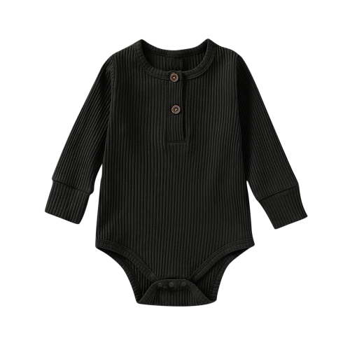 Ribbed Baby Bodysuits Long Sleeve Cotton Onesies Unisex Solid Color Lightweight Button Down Rompers, Black, 12 Months