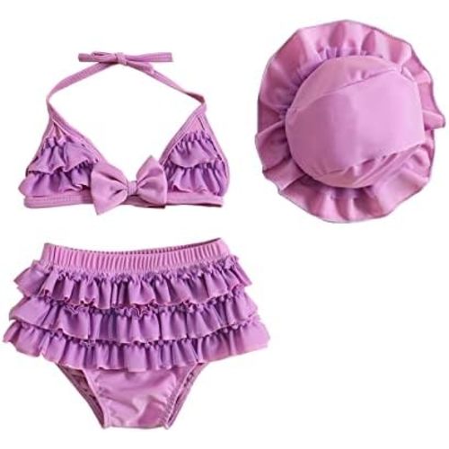 Yccutest Infant Baby Girl Flower Swimsuit 3Pcs Halter Triangle Tops Ruffle Bottoms Sun Hat Bikini Set Bathing Suit Swimwear