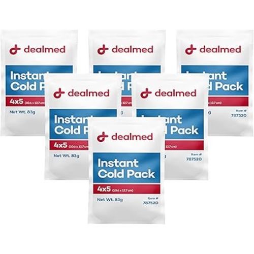 Dealmed Instant Cold Pack – Pack of 6, 4" x 5" Disposable Cold Packs for Injuries, Swelling, Sprains, Muscle Soreness and More, No Refrigeration Single Squeeze Activation