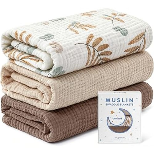 Unnivoll Muslin Swaddle Blankets for Newborns, 100% Cotton Receiving Blankets, Large 38 x 40 inches Baby Swaddle Blanket for Baby Boys and Girls, Soft Breathable Infant Baby Essentials 3 Pack Brown