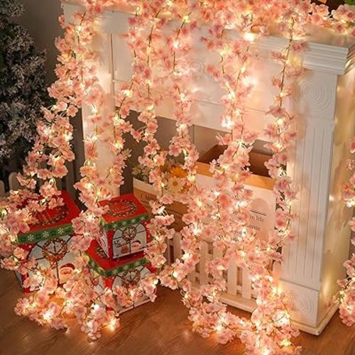 Cherry Blossom String Lights Artificial Flowers Outdoor Hanging Silk Flowers Garland for Wedding Party Home Bedroom Decor Pink Room Decor Aesthetic