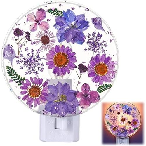 Glooglitter Pressed Flower Night Light Plug in - Handmade Dried Floral Wall Night Light, Soft Glow Decorative Nightlight for Hallway Bedroom Nursery Bathroom, Vintage Botanical Home Decor(Purple)