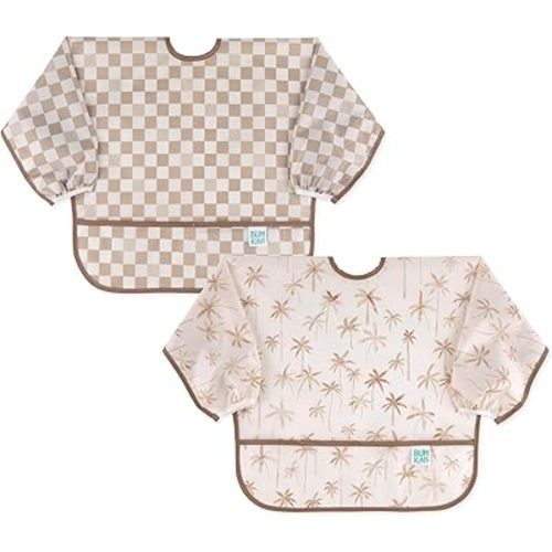 Bumkins - Sleeved Bib - For Boys & Girls, Babies & Toddlers 6-24 Months - Lightweight, Durable, Waterproof - Long Sleeve Bib - Catch-All Pocket - Wipeable & Machine Washable - Checks & Palms - 2 Pack