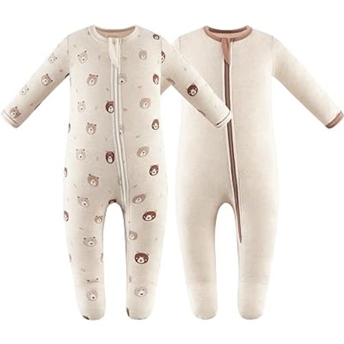 Owlivia Organic Cotton Baby Pajamas, 6-12 months, Boys Girls Zip Front Sleep 'N Play Pjs, Footed Sleeper, Long Sleeve