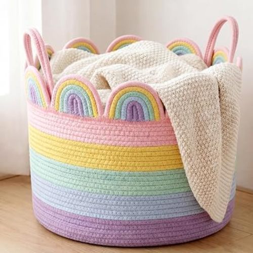 Pastel Rainbow Round Storage Basket Scalloped Cotton Rope Basket 16''x14''