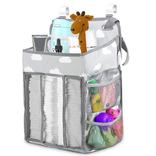 Diaper Caddy Hanging Diaper Caddy Organizer, Hanging Nursery Nappy Organiser Diaper Holder Caddy Stacker for Baby Girl Boy Crib Changing Table Playard Wall Baby Shower Gifts Bedside Storage Bag -Grey