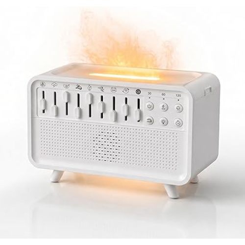 White Noise Machine with 8 Mixable Nature Sounds, Flame Light & Aroma Diffuser – Desktop Sound Machine for Sleep, Office, Yoga & Meditation, with Timer, Bluetooth & USB Power