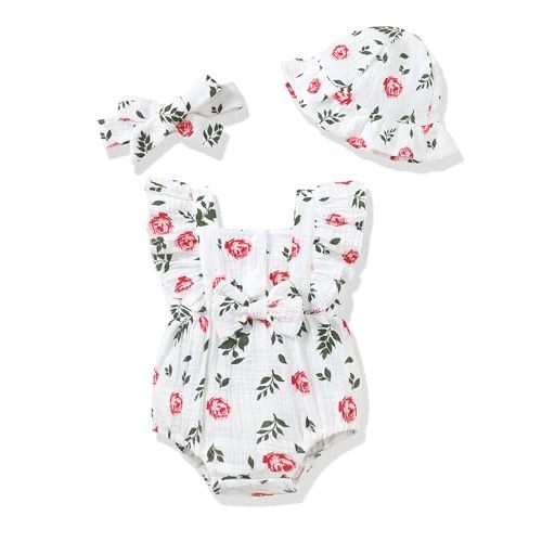 Renotemy Baby Girl Clothes Infant Summer Romper Cotton Linen Newborn Essentials Photography Preemie Outfits with Hat&Headband