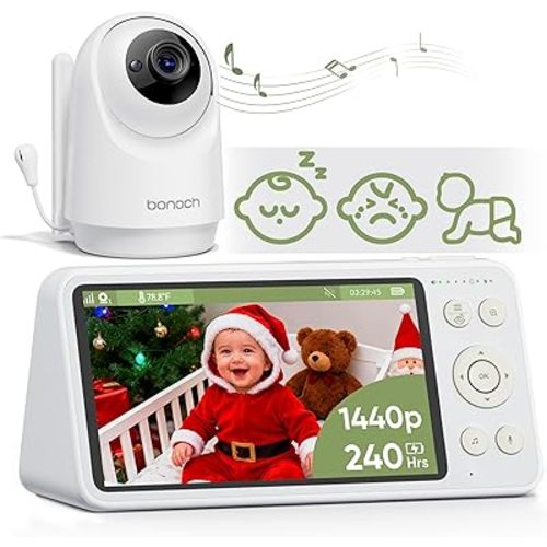 bonoch 1440p Baby Monitor with Camera and Audio, Smart No WiFi Baby Camera, 5.5" Video Monitor, AI Crying/Motion/Turn Over Detect, 240h Lasting, Hack Proof, Auto Night Vision, VOX Mode, White Noise