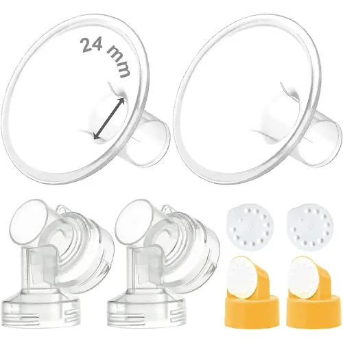 Maymom MyFit Flange Set, Two-Piece Breast Shield (24mm Medium) Connector Valve Membrane Compatible with Medela Breast Pumps (Pump in Style Advanced, Lactina, Symphony) Not Original Medela Pump Parts