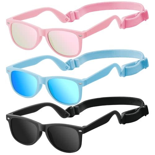 zestero Baby Infant & Toddler Polarized Sunglasses with Strap, UV400 Protection for Boys & Girls 0-24 Months, 3 Pack