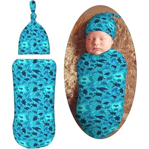 Ocean Blue Sea Turtles Newborn Swaddle Blankets Hat Sets Soft Baby Receiving Blanket Swaddle Sack for Baby Shower Infant Boy Girl Gift