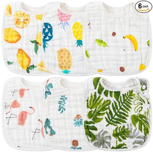 6Pcs Snap Muslin Cotton Bibs for Baby Lemon Flamingo Leaf Pineapple Bib with 6 Absorbent & Soft Layers Machine Washable Adjustable Burp Cloth for Drooling Eating and Teething